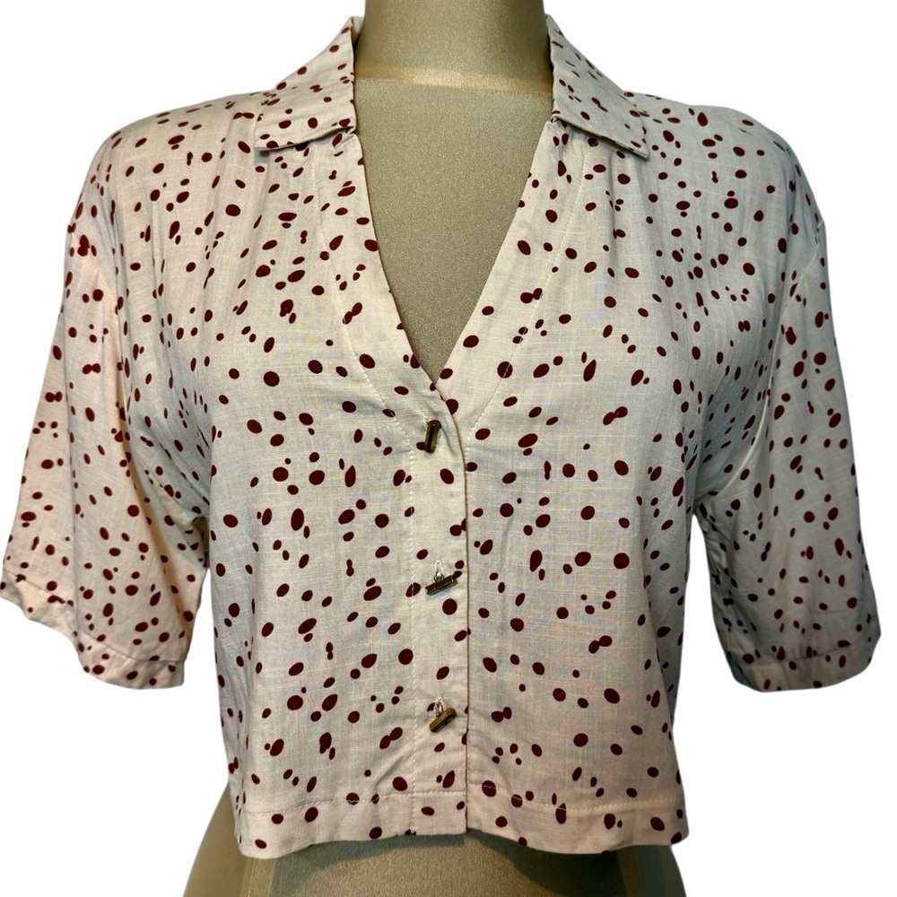 KIRIOUS Los Angeles Cropped Polka Dot Blouse M Rayon Linen